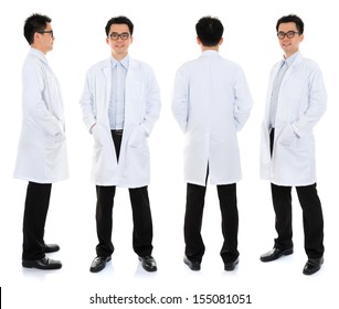 Full Body Asian Male Beauty Therapist In Beautician Uniform With Confident Smile, Standing In Different Angle, Front, Back And Side, Isolated On White Background.