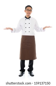 Full Body Asian Male Chef Hands Showing Blank Space, Welcome Guest Concept, Standing Isolated White Background.