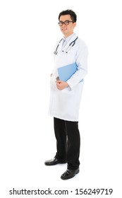 Full Body Asian Medical Male Doctor Holding A Clipboard With Confident Smile Standing On White Background.