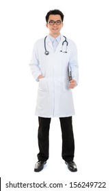Full body Asian medical male doctor holding a clipboard standing on white background with confident smile.