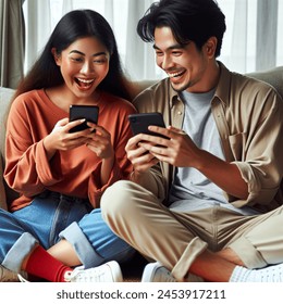full body Asian people happily sitting and using mobile phone