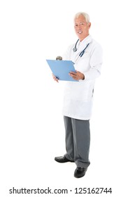 Full Body Asian Senior Doctor Reading Medical Report, Standing On White Background