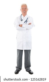 Full Body Asian Senior Doctor Standing On White Background