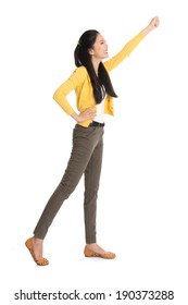 Full Body Asian Woman Standing With Hand Raised High Grabbing Something, Isolated On White Background.