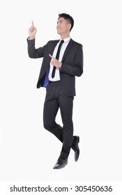 Full Body Asian Young Business Man Showing Pointing Up, 