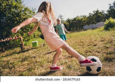 Full Body Back Rear Spine View Photo Of Two Kids Brother Sister Have Summer Outside Rest Weekend Play Football Kick Ball Boy Goalkeeper Try Catch In Countryside Village House