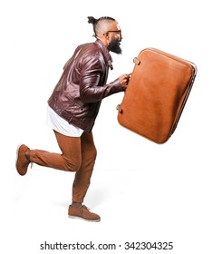 Full Body Black Man Running With A Leather Bag