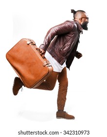 Full Body Black Man Running With A Leather Bag