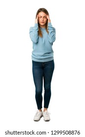 Full Body Of Blonde Woman With Blue Shirt Unhappy And Frustrated With Something On White Background