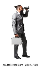 Full Body Business Black Man Holding A Suitcase And Binoculars