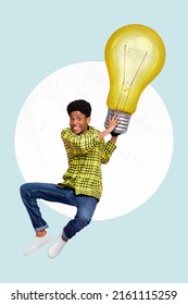 Full body collage image of cheerful brilliant young man generate new ideas holding huge light bulb - Shutterstock ID 2161115259
