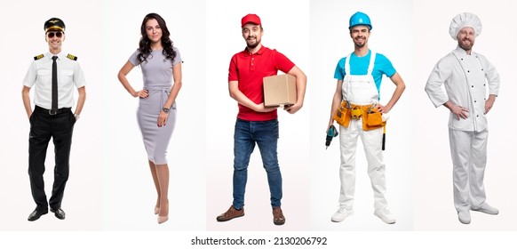 Full body of confident businesswoman in elegant dress standing near positive pilot deliveryman mechanic and chef in uniforms against white background