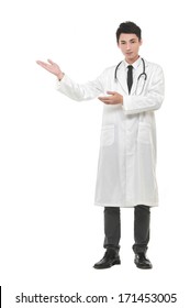 Full Body Confident Happy Asian Male Doctor Holding Something On Her Palm