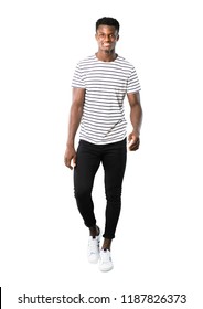Full body of Dark skinned man with striped shirt walking. Motion gesture. on white background