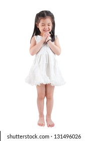 Full Body East Asian Girl Making A Wish With Smiling, Standing Isolated On White Background