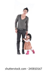 Full Body Father And Little Daughter Smiling On White Background