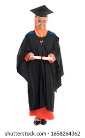 Full Body Female Student In Graduation Gown, Standing Isolated White Background.