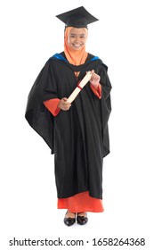 Full Body Female Student In Graduation Gown, Standing Isolated White Background.