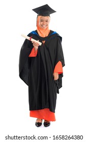 Full Body Female Student In Graduation Gown, Standing Isolated White Background.