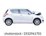 Full body front and side view of white car get damaged by accident on the road. damaged cars after collision. Isolated on white background with clipping path, car crash broken