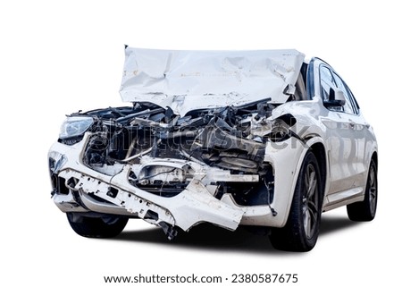 Full body front and side view of white car get damaged by accident on the road. damaged cars after collision. Isolated on white background with clipping path, car crash broken