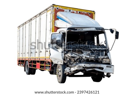 Full body of Front and side view old big truck get damaged by accident on the road. damaged cars after collision. isolated on white background with clipping path include, broken car