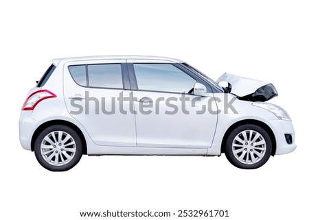 Full body front and side view of white car get damaged by accident on the road. damaged cars after collision. Isolated on white background with clipping path, car crash broken