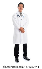 Full Body Front View Attractive Young Male Southeast Asian Medical Doctor Standing Isolated On White Background.