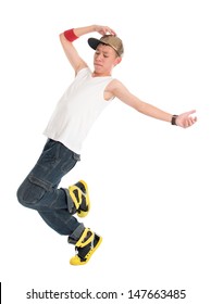 Full Body Funky Looking Asian Teen Hip Hop Dancer Dancing Isolated On White Background. Asian Youth Culture.