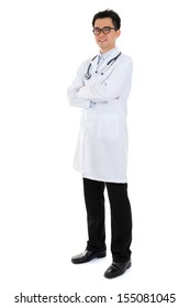 Full Body Handsome Asian Male Medical Doctor, Standing Isolated On White Background With Confident Smile.