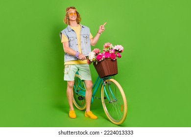 Full Body Of Handsome Hippy Guy Indicate Finger Empty Space Isolated On Green Color Background