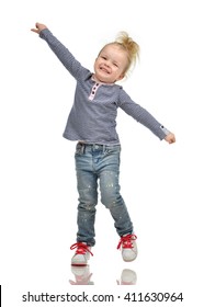 Full Body Of Happy Young Little Child Girl Gesturing Keeping Arms Raised And Expressing Positivity Isolated On White Background