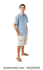 A Full Body Image Of An Attractive 25 Year Old Man With A Slender Build Wearing Casual Shorts And A Short Sleeve Button Down Blue Shirt