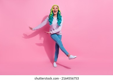 Full body image of good mood laughing female have fun dancing nightclub weekend isolated on pink color background
