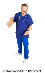 Full Body Image Of Male Nurse Or Doctor With Chart And Stethoscope Around Neck,  Holding A Handful Of Pills, Isolated On White