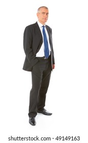 Full Body Image Of Mature Standing Business Man Wearing Dark Suit, Isolated Over White Background