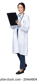 Full Body Length Figure 20s Asian Woman Wear Doctor White Uniform Pants, Stethoscope And Shoes, Female Nurse Hold Syringe Chart Stand Over White Background Isolated, Profile Smile