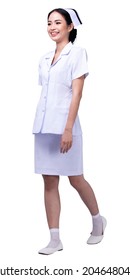 Full Body Length Figure 20s Asian Woman Wear Nurse White Uniform Pants, Shoes Walk Smile Isolated, Female Doctor Smile Walking Over Studio Shot White Background