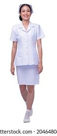 Full Body Length Figure 20s Asian Woman Wear Nurse White Uniform Pants, Shoes Walk Smile Isolated, Female Doctor Smile Walking Over Studio Shot White Background