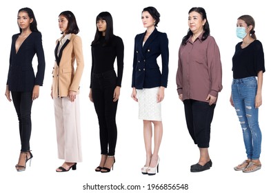 Full Body Length Figure Diversity Of 20s 30s Asian Women In Many Diversity Career Such As Casual Lifestyle, Business, Evening Gown. Female Stand Turn Side View, White Background Isolated