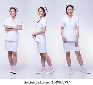 Full body length Figure snap of 20s Asian Woman wear Nurse White uniform pants skirt and shoes, white Background isolated
