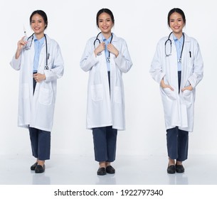 Full Body Length Figure Snap Of 20s Asian Woman Wear Doctor White Uniform Pants, Stethoscope And Shoes, White Background Isolated, Profile Smile