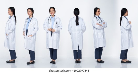 Full Body Length Figure Snap Of 20s Asian Woman Wear Doctor White Uniform Pants, Stethoscope And Shoes, White Background Isolated, Profile 360