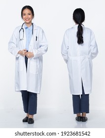 Full Body Length Figure Snap Of 20s Asian Woman Wear Doctor White Uniform Pants, Stethoscope And Shoes, White Background Isolated, Profile Front Back Rear