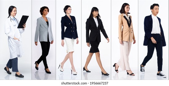 Full body length Figure snap of Asian Women in many diversity career such as casual doctor, lifestyle and businesswoman, walk in line side view with digital table smartphone, white Background isolated - Powered by Shutterstock