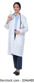 Full Body Length Figure Snap Of 20s Asian Woman Wear Doctor White Uniform Pants, Stethoscope And Shoes, White Background Isolated, Profile Smile