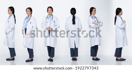 Full body length Figure snap of 20s Asian Woman wear Doctor White uniform pants, stethoscope and shoes, white Background isolated, profile 360