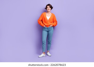 Full body length photo of positive satisfied stylish wearing attractive woman hands pockets denim advertisement isolated on violet color background - Shutterstock ID 2262078623
