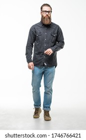 Full Body Length Portrait Long Bearded Hipster Man Isolated Over White Studio Background.