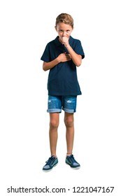 Full Body Of Little Boy Is Suffering With Cough And Feeling Bad On White Background